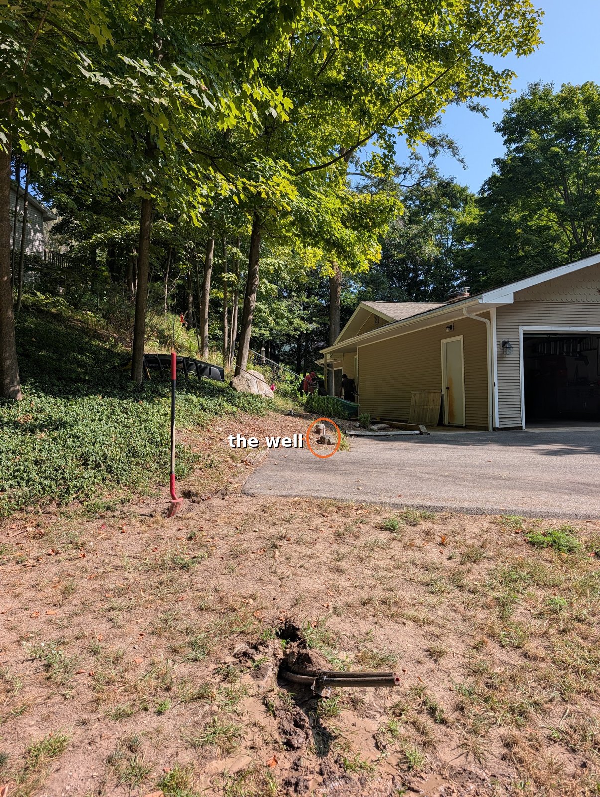 Yard with the wellhead circled near the driveway and the bore exit point in the lawn — no trench between them